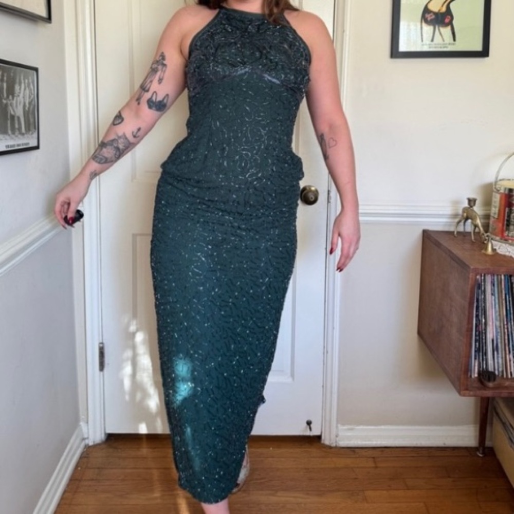 90s Vintage Lawrence Kazar Floor Length Beaded Gown